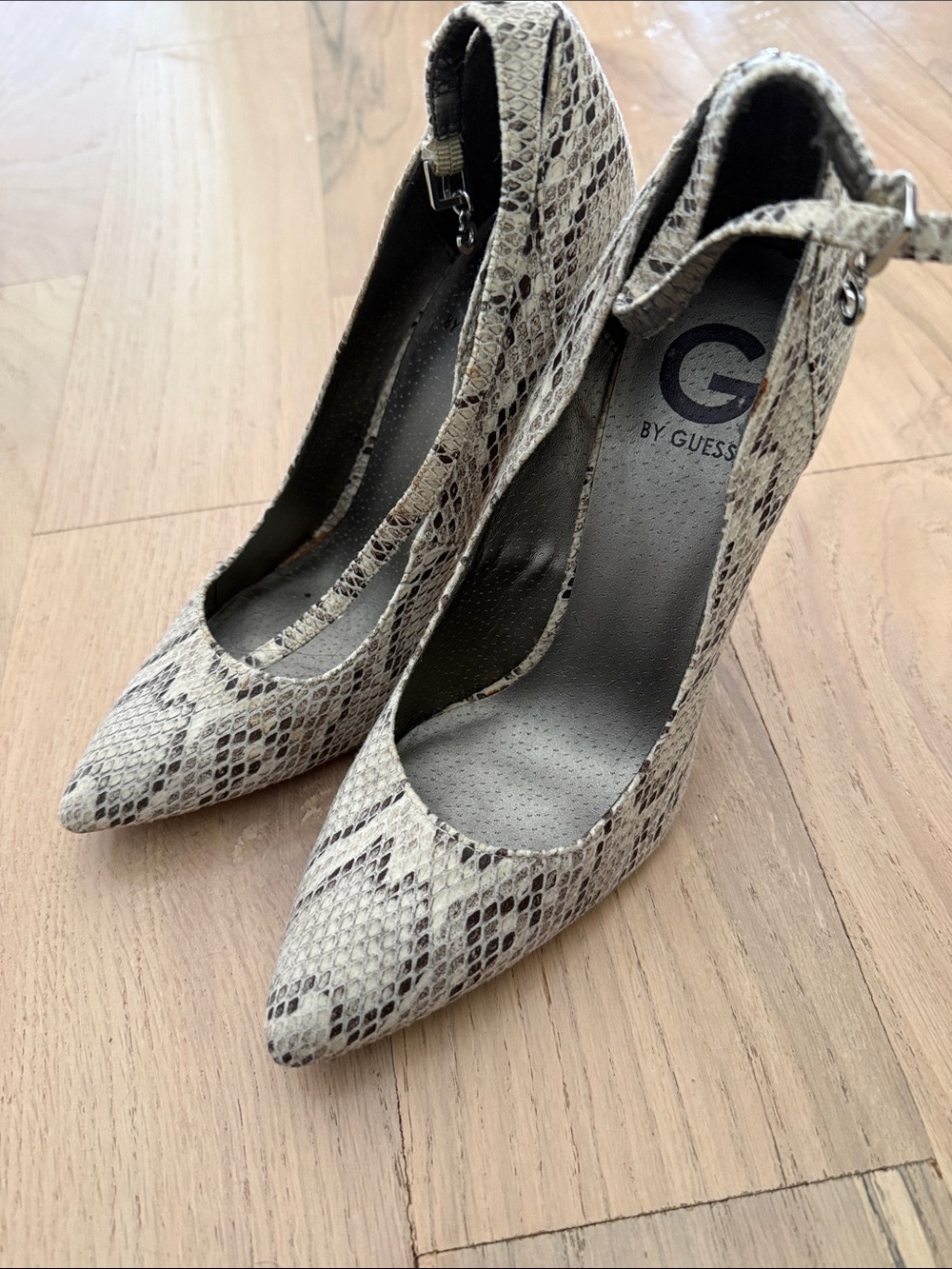 G by Guess Snake-Print Pointed Toe Ankle-Strap Pumps in Beige and Brown